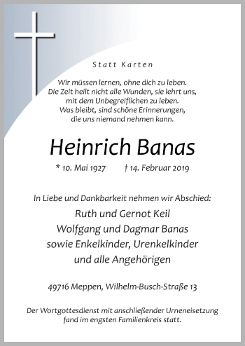 Traueranzeige von Heinrich Banas von Neue Osnabrücker Zeitung GmbH & Co. KG