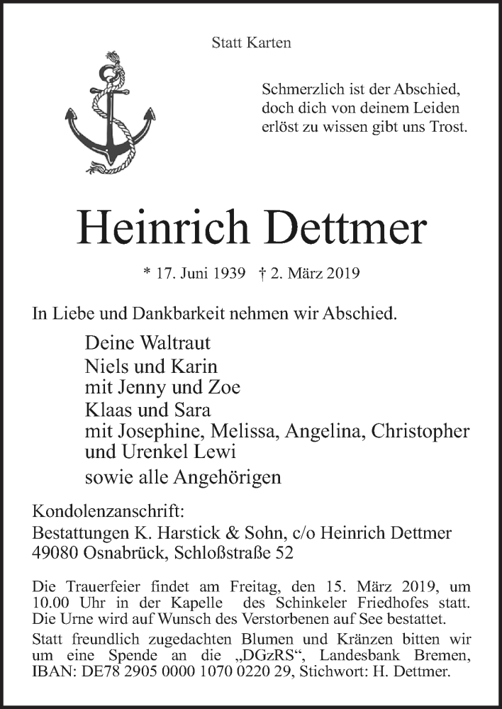 Traueranzeige für Heinrich Dettmer vom 09.03.2019 aus Neue Osnabrücker Zeitung GmbH & Co. KG