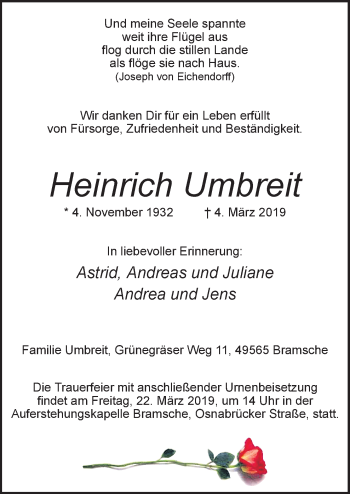 Traueranzeige von Heinrich Umbreit von Neue Osnabrücker Zeitung GmbH & Co. KG