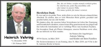Traueranzeige von Heinrich Vehring von Neue Osnabrücker Zeitung GmbH & Co. KG