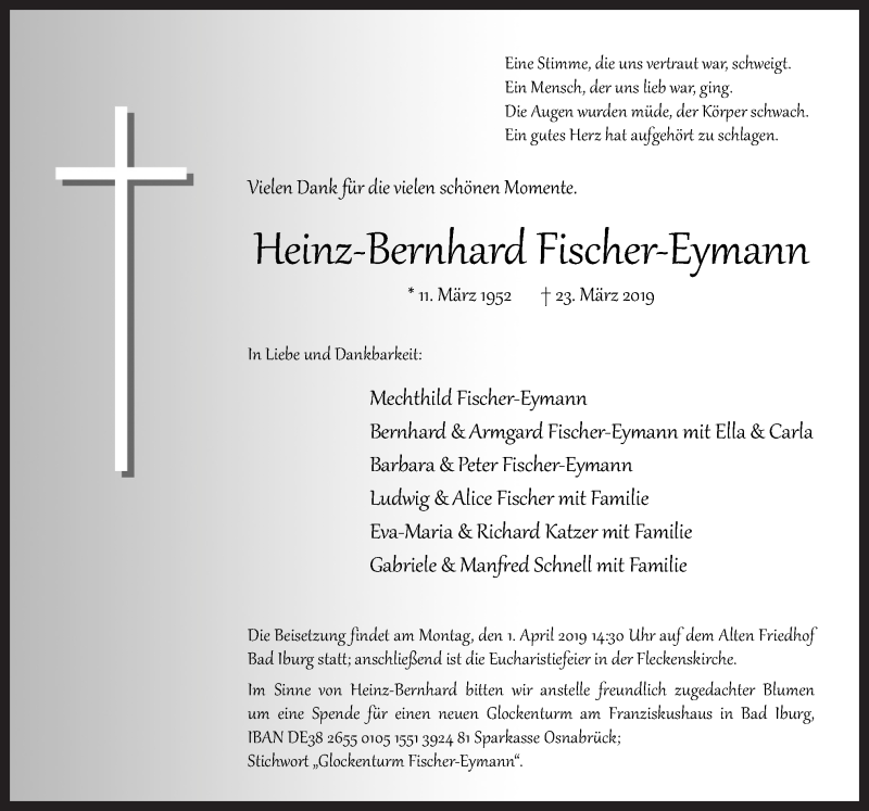  Traueranzeige für Heinz-Bernhard Fischer-Eymann vom 26.03.2019 aus Neue Osnabrücker Zeitung GmbH & Co. KG