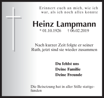 Traueranzeige von Heinz Lampmann von Neue Osnabrücker Zeitung GmbH & Co. KG