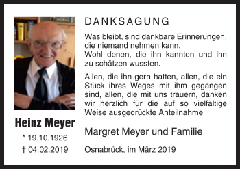 Traueranzeige von Heinz Meyer von Neue Osnabrücker Zeitung GmbH & Co. KG