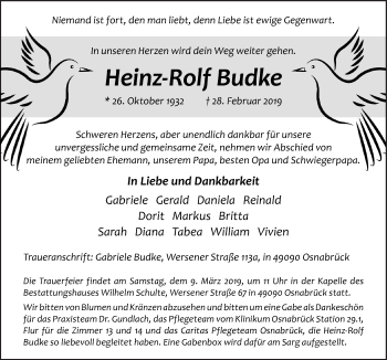 Traueranzeige von Heinz-Rolf Budke von Neue Osnabrücker Zeitung GmbH & Co. KG