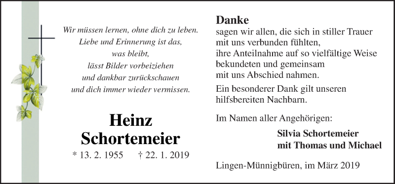  Traueranzeige für Heinz Schortemeier vom 13.03.2019 aus Neue Osnabrücker Zeitung GmbH & Co. KG