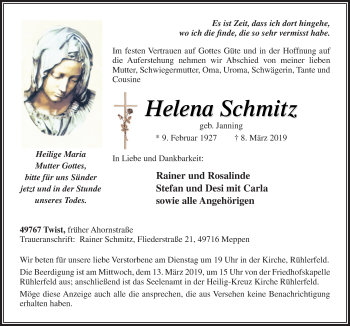 Traueranzeige von Helena Schmitz von Neue Osnabrücker Zeitung GmbH & Co. KG