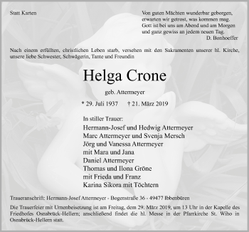 Traueranzeige von Helga Crone von Neue Osnabrücker Zeitung GmbH & Co. KG