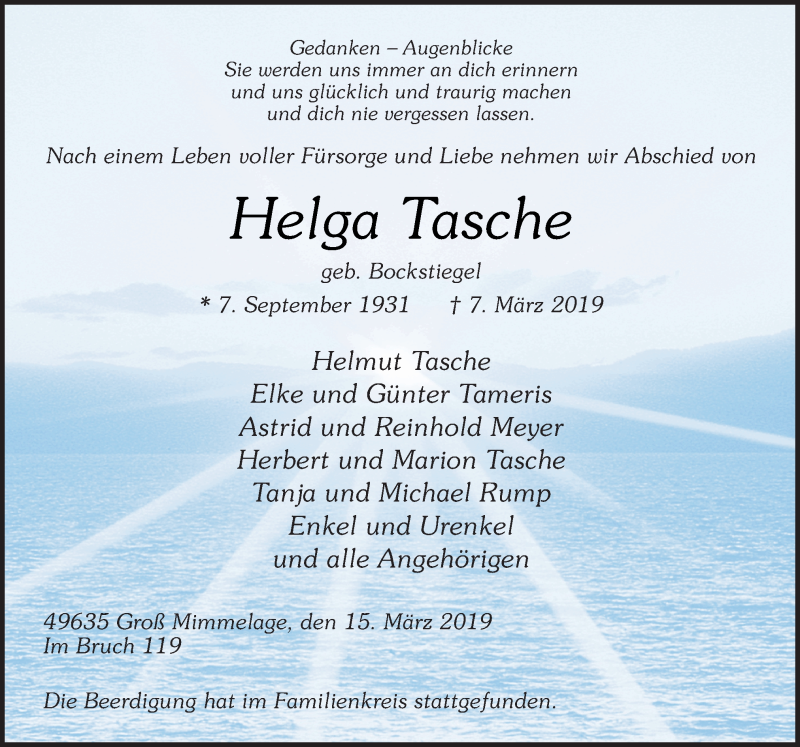  Traueranzeige für Helga Tasche vom 15.03.2019 aus Neue Osnabrücker Zeitung GmbH & Co. KG