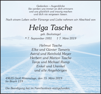 Traueranzeige von Helga Tasche von Neue Osnabrücker Zeitung GmbH & Co. KG