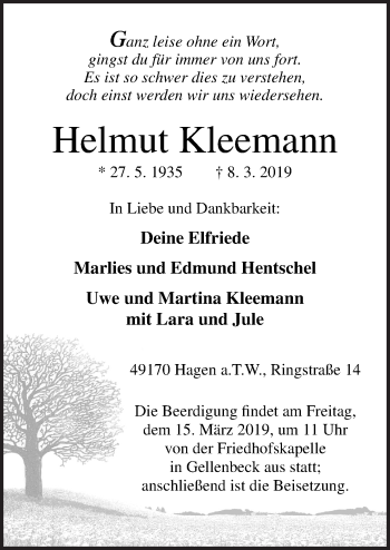 Traueranzeige von Helmut Kleemann von Neue Osnabrücker Zeitung GmbH & Co. KG