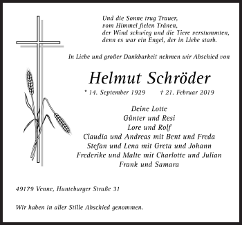 Traueranzeige von Helmut Schröder von Neue Osnabrücker Zeitung GmbH & Co. KG
