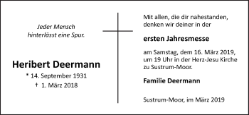 Traueranzeige von Heribert Deermann von Neue Osnabrücker Zeitung GmbH & Co. KG