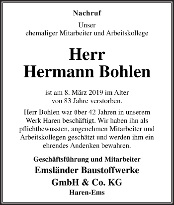 Traueranzeige von Hermann Bohlen von Neue Osnabrücker Zeitung GmbH & Co. KG