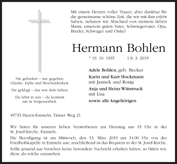 Traueranzeige von Hermann Bohlen von Neue Osnabrücker Zeitung GmbH & Co. KG