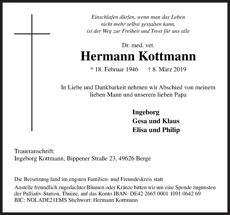  Traueranzeige für Hermann Kottmann vom 14.03.2019 aus Neue Osnabrücker Zeitung GmbH & Co. KG