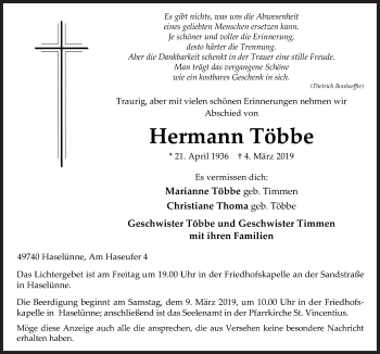 Traueranzeige von Hermann Többe von Neue Osnabrücker Zeitung GmbH & Co. KG