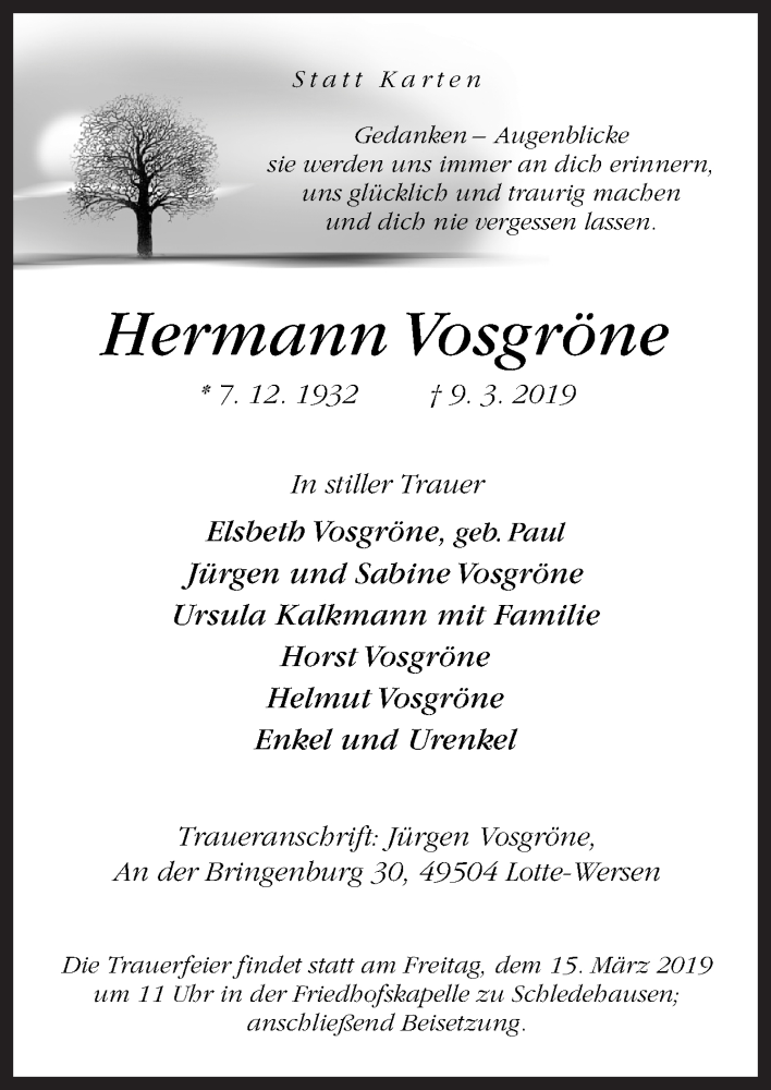 Traueranzeige für Hermann Vosgröne vom 12.03.2019 aus Neue Osnabrücker Zeitung GmbH & Co. KG