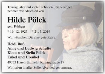 Traueranzeige von Hilde Pölck von Neue Osnabrücker Zeitung GmbH & Co. KG