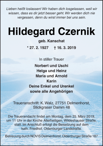 Traueranzeige von Hildegard Czernik von Neue Osnabrücker Zeitung GmbH & Co. KG