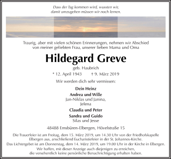 Traueranzeige von Hildegard Greve von Neue Osnabrücker Zeitung GmbH & Co. KG