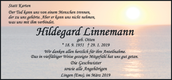 Traueranzeige von Hildegard Linnemann von Neue Osnabrücker Zeitung GmbH & Co. KG