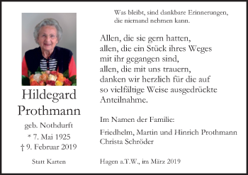 Traueranzeige von Hildegard Prothmann von Neue Osnabrücker Zeitung GmbH & Co. KG