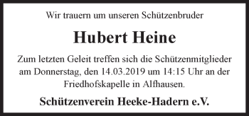 Traueranzeige von Hubert Heine von Neue Osnabrücker Zeitung GmbH & Co. KG