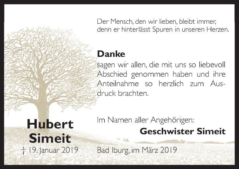  Traueranzeige für Hubert Simeit vom 02.03.2019 aus Neue Osnabrücker Zeitung GmbH & Co. KG
