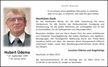 Traueranzeige von Hubert Üdema von Neue Osnabrücker Zeitung GmbH & Co. KG