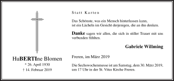 Traueranzeige von Hubertine Blomen von Neue Osnabrücker Zeitung GmbH & Co. KG