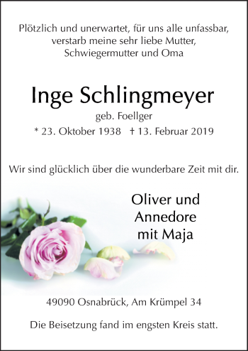Traueranzeige von Inge Schlingmeyer von Neue Osnabrücker Zeitung GmbH & Co. KG