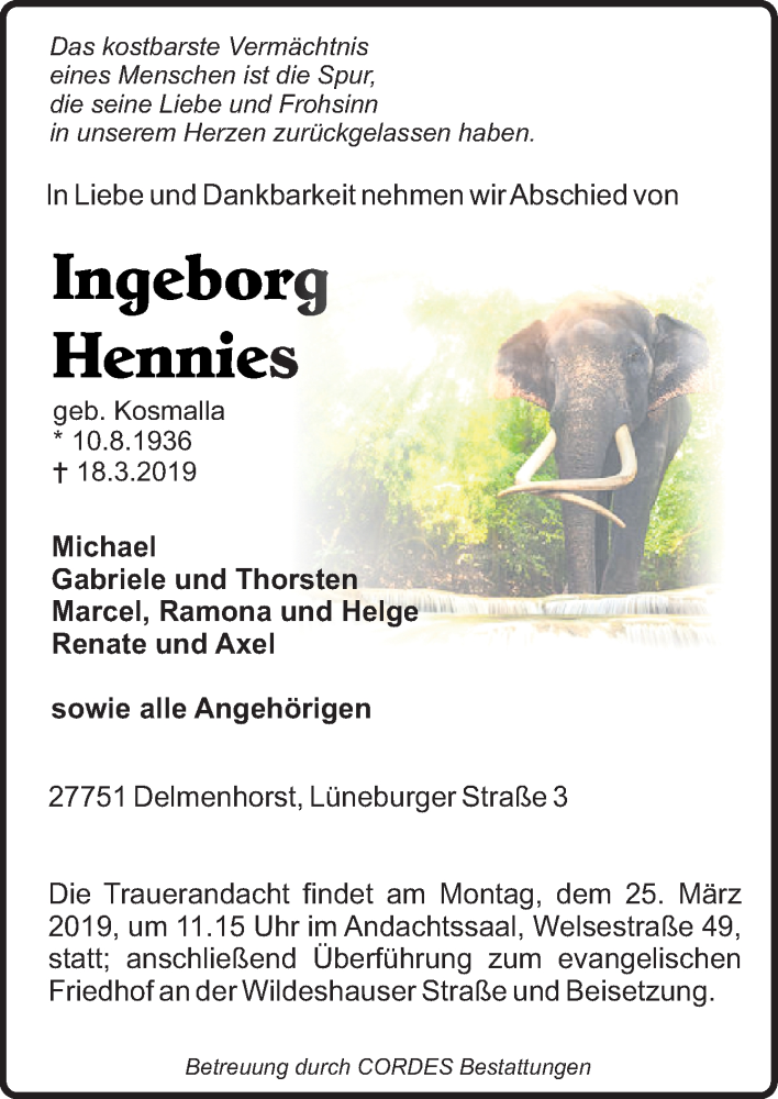  Traueranzeige für Ingeborg Hennies vom 21.03.2019 aus Neue Osnabrücker Zeitung GmbH & Co. KG
