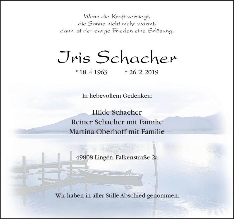  Traueranzeige für Iris Schacher vom 16.03.2019 aus Neue Osnabrücker Zeitung GmbH & Co. KG