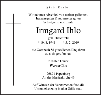 Traueranzeige von Irmgard Ihlo von Neue Osnabrücker Zeitung GmbH & Co. KG