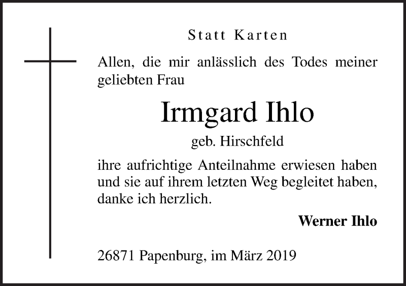  Traueranzeige für Irmgard Ihlo vom 30.03.2019 aus Neue Osnabrücker Zeitung GmbH & Co. KG