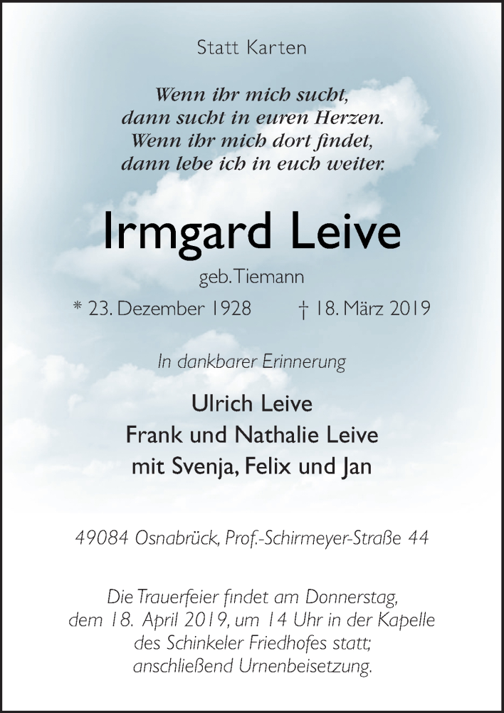  Traueranzeige für Irmgard Leive vom 30.03.2019 aus Neue Osnabrücker Zeitung GmbH & Co. KG