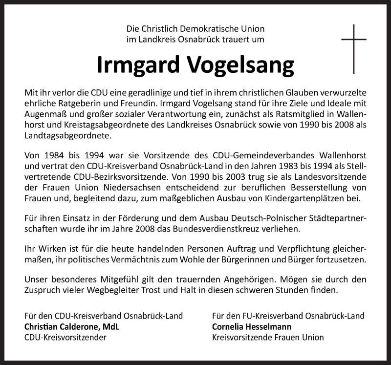  Traueranzeige für Irmgard Vogelsang vom 21.03.2019 aus Neue Osnabrücker Zeitung GmbH & Co. KG