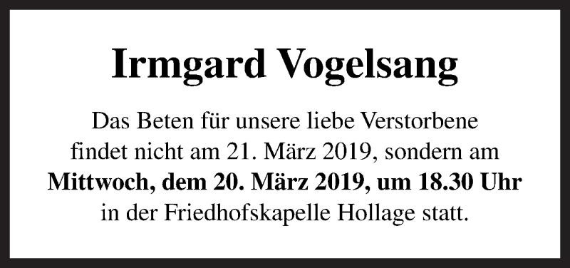  Traueranzeige für Irmgard Vogelsang vom 19.03.2019 aus Neue Osnabrücker Zeitung GmbH & Co. KG