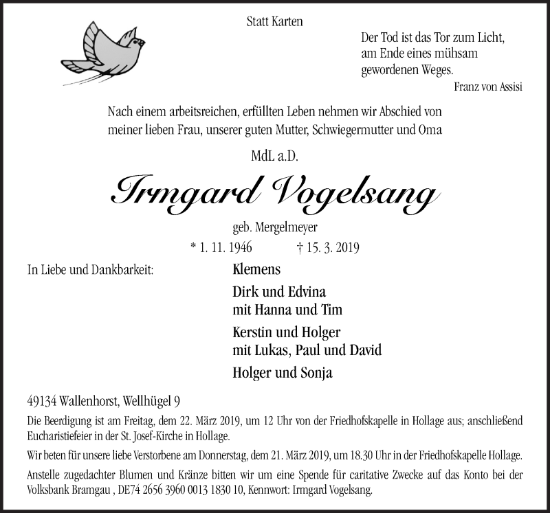  Traueranzeige für Irmgard Vogelsang vom 18.03.2019 aus Neue Osnabrücker Zeitung GmbH & Co. KG