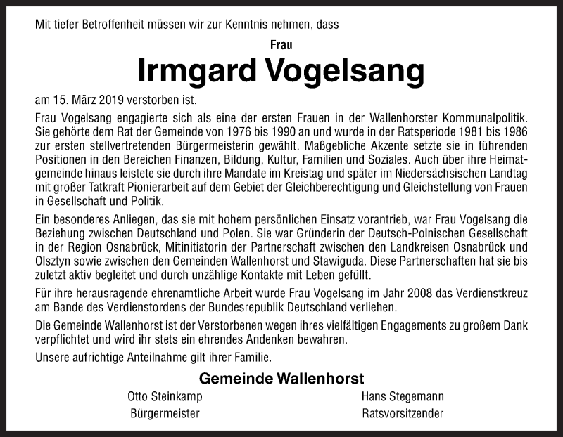  Traueranzeige für Irmgard Vogelsang vom 20.03.2019 aus Neue Osnabrücker Zeitung GmbH & Co. KG