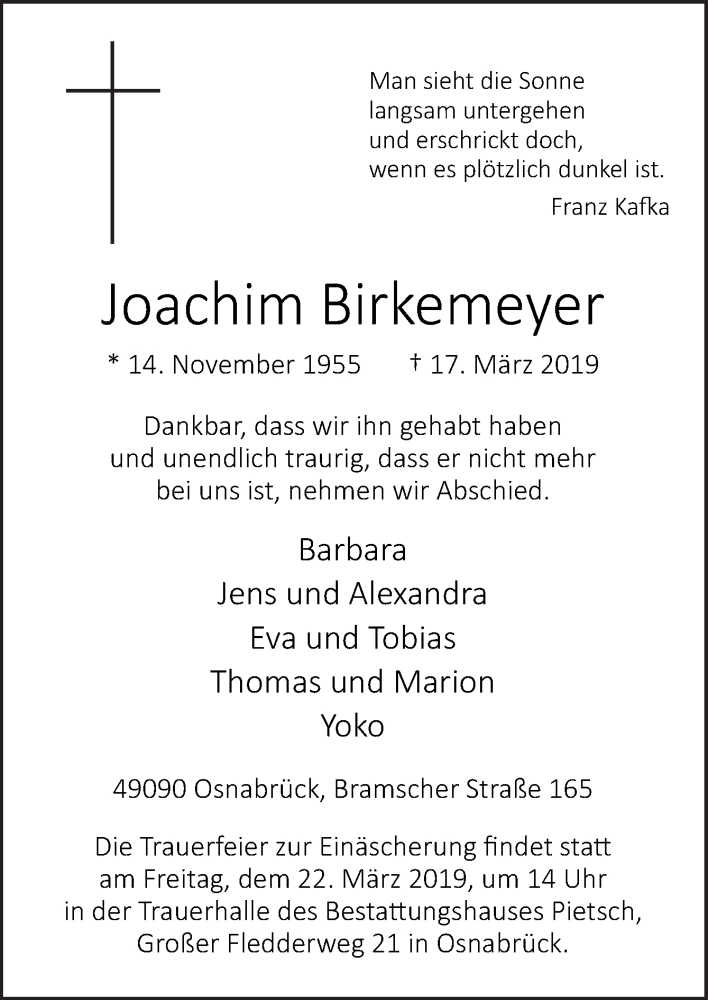 Traueranzeige für Joachim Birkemeyer vom 20.03.2019 aus Neue Osnabrücker Zeitung GmbH & Co. KG