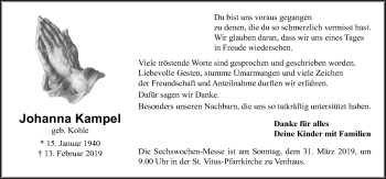 Traueranzeige von Johanna Kampel von Neue Osnabrücker Zeitung GmbH & Co. KG