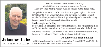 Traueranzeige von Johannes Lohe von Neue Osnabrücker Zeitung GmbH & Co. KG