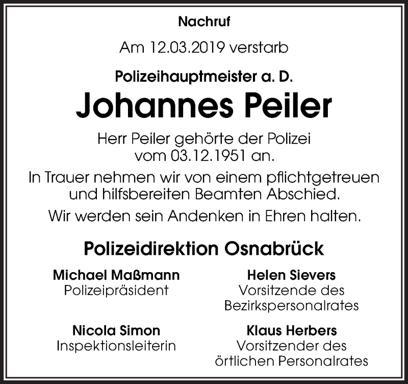  Traueranzeige für Johannes Peiler vom 16.03.2019 aus Neue Osnabrücker Zeitung GmbH & Co. KG