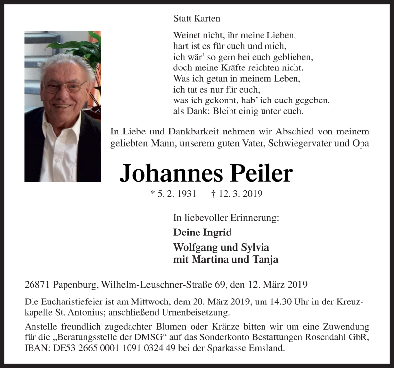  Traueranzeige für Johannes Peiler vom 14.03.2019 aus Neue Osnabrücker Zeitung GmbH & Co. KG