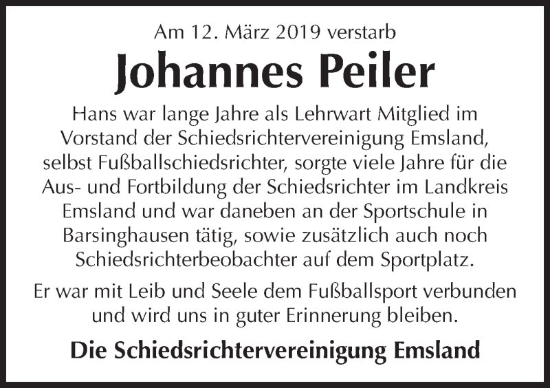  Traueranzeige für Johannes Peiler vom 18.03.2019 aus Neue Osnabrücker Zeitung GmbH & Co. KG