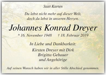 Traueranzeige von Johannes Konrad Dreyer von Neue Osnabrücker Zeitung GmbH & Co. KG