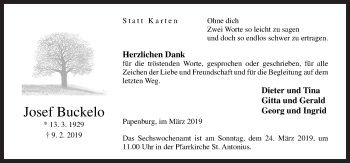 Traueranzeige von Josef Buckelo von Neue Osnabrücker Zeitung GmbH & Co. KG