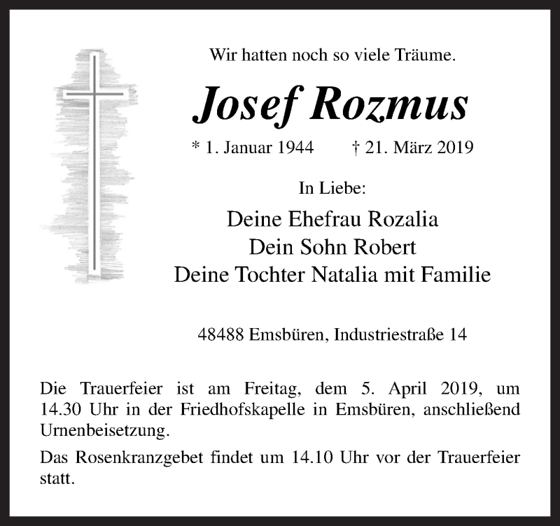  Traueranzeige für Josef Rozmus vom 28.03.2019 aus Neue Osnabrücker Zeitung GmbH & Co. KG