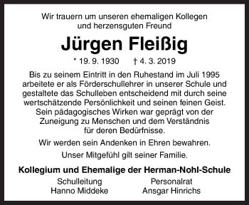 Traueranzeige von Jürgen Fleißig von Neue Osnabrücker Zeitung GmbH & Co. KG